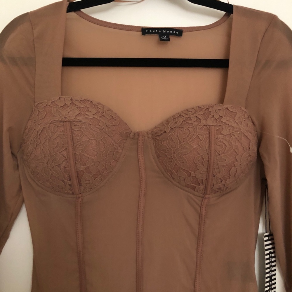 Nude Tan Bodysuit Sheer With Corset Style Bodice by Haute Monde Size Medium - Picture 5 of 9